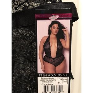 Plunging Lace Halter Teddy with Halter Back, Sexy Lingerie, Black, Size 1X-2X